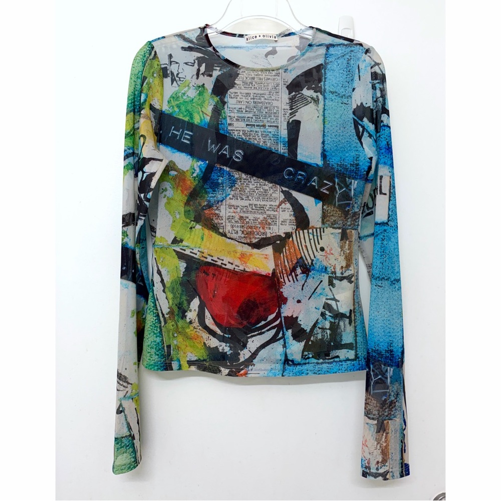 Alice + Olivia x Basquiat Delaina Mesh Top T Shirt Tee Confidential Collage M - Picture 2 of 10